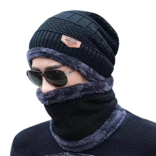 Winter Woolen Beanie Cap & Neck Warmer Set for Men | Super Soft Fur Lining | Winter Protection Hat & Scarf Combo