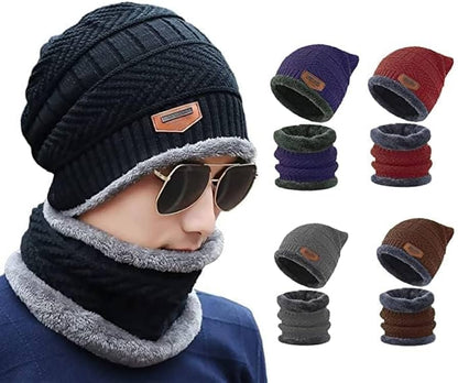 Winter Woolen Beanie Cap & Neck Warmer Set for Men | Super Soft Fur Lining | Winter Protection Hat & Scarf Combo