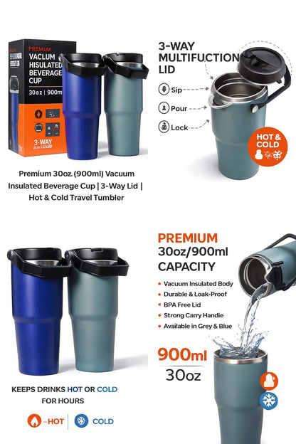 Premium 30oz (900ml) Vacuum Insulated Beverage Cup | 3-Way Lid | Hot & Cold Travel Tumbler
